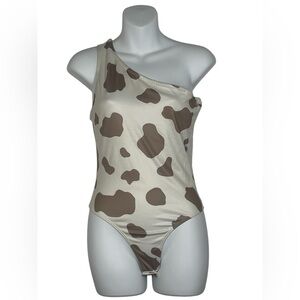 Saints & Hearts Asymmetrical Brown and Cream‎ Bodysuit with Cow Print Small NWT